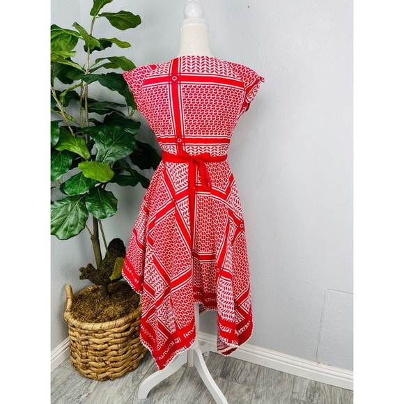 GSUS VINTAGE RED HEART VALENTINES CUPID ASYMMETRICAL WRAP DRESS WITH POM POM HEM - Picture 2 of 9